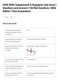KINE 3030&colon; Supplements & Ergogenic Aids Exam &vert;&NewLine;Questions and Answers &vert; Verified Solutions &vert; 2026&NewLine;Edition &vert; Pass Guaranteed