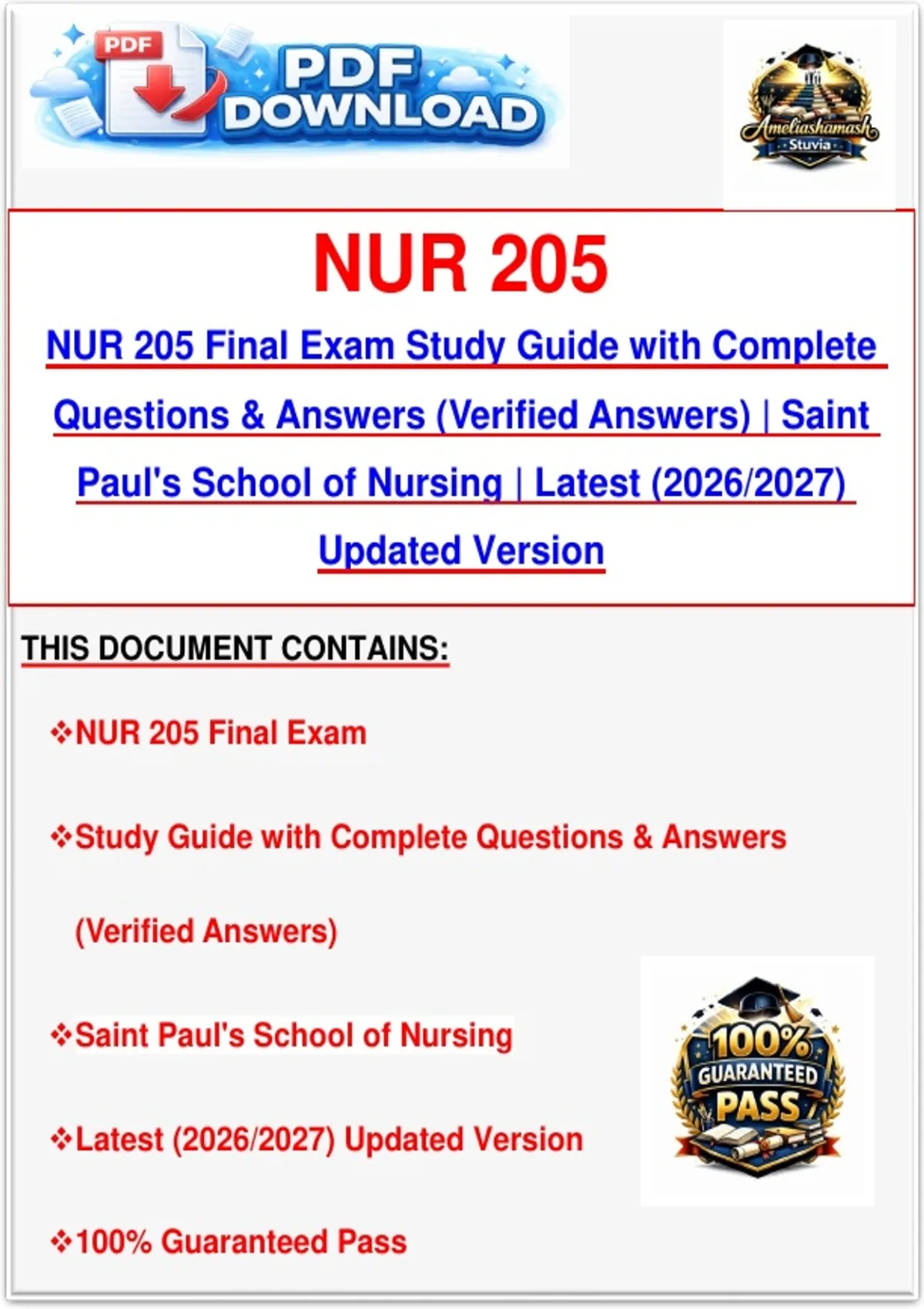 NUR 205 Final Exam Study Guide with Complete Questions & Answers ...