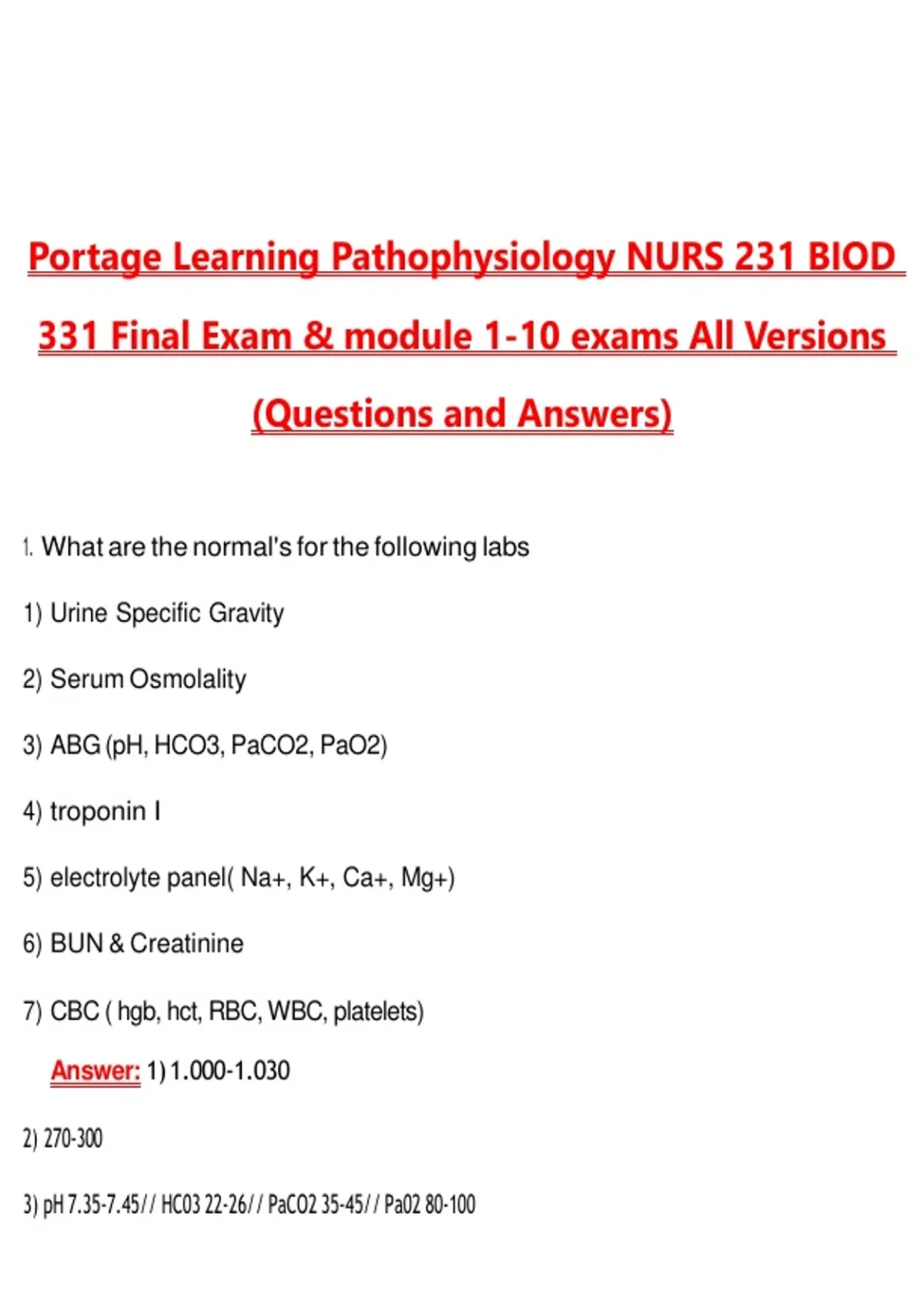 Portage Learning Pathophysiology NURS 231 BIOD 331 Final Exam & Module ...