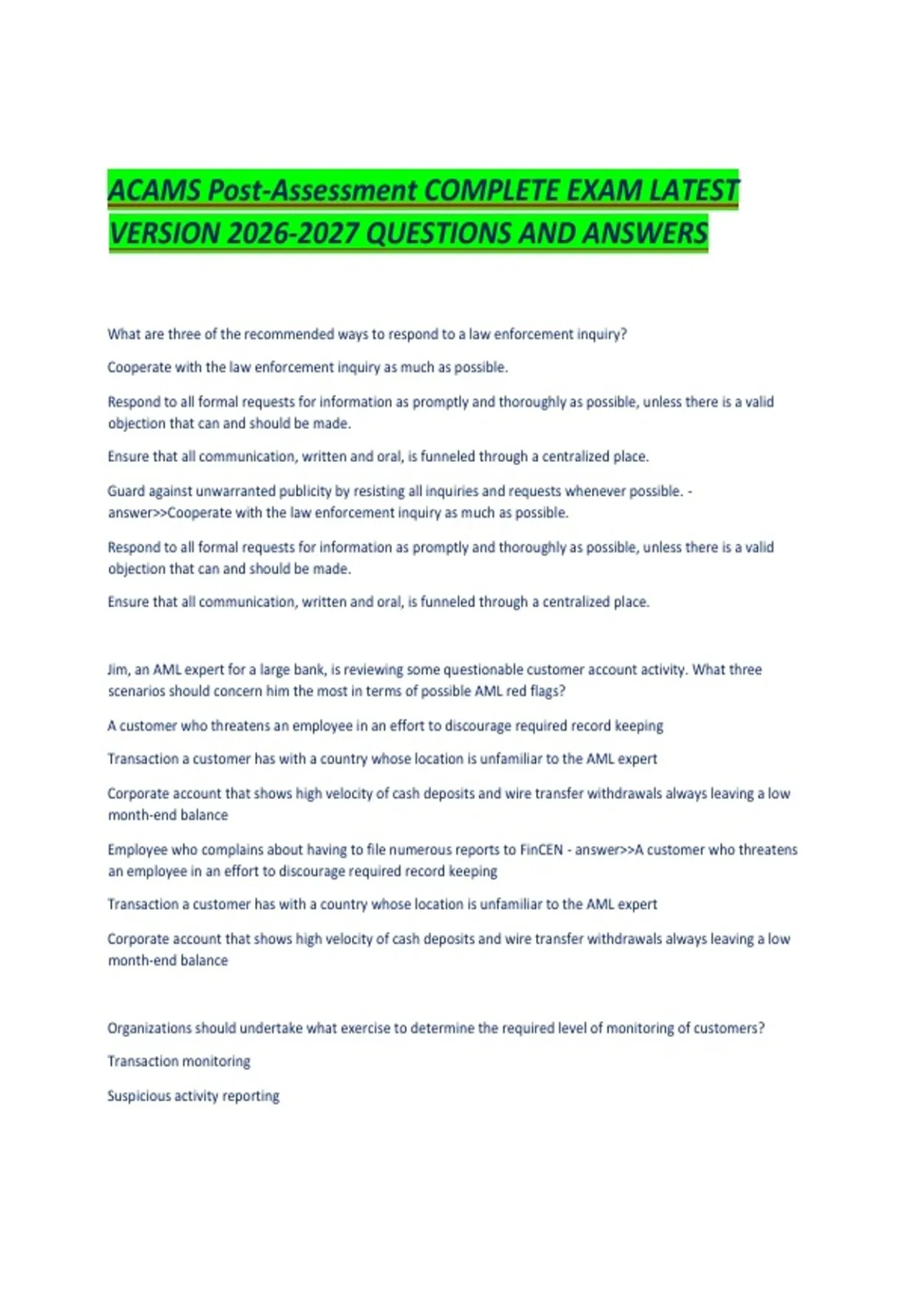 ACAMS Post-Assessment COMPLETE EXAM LATEST VERSION QUESTIONS AND ...