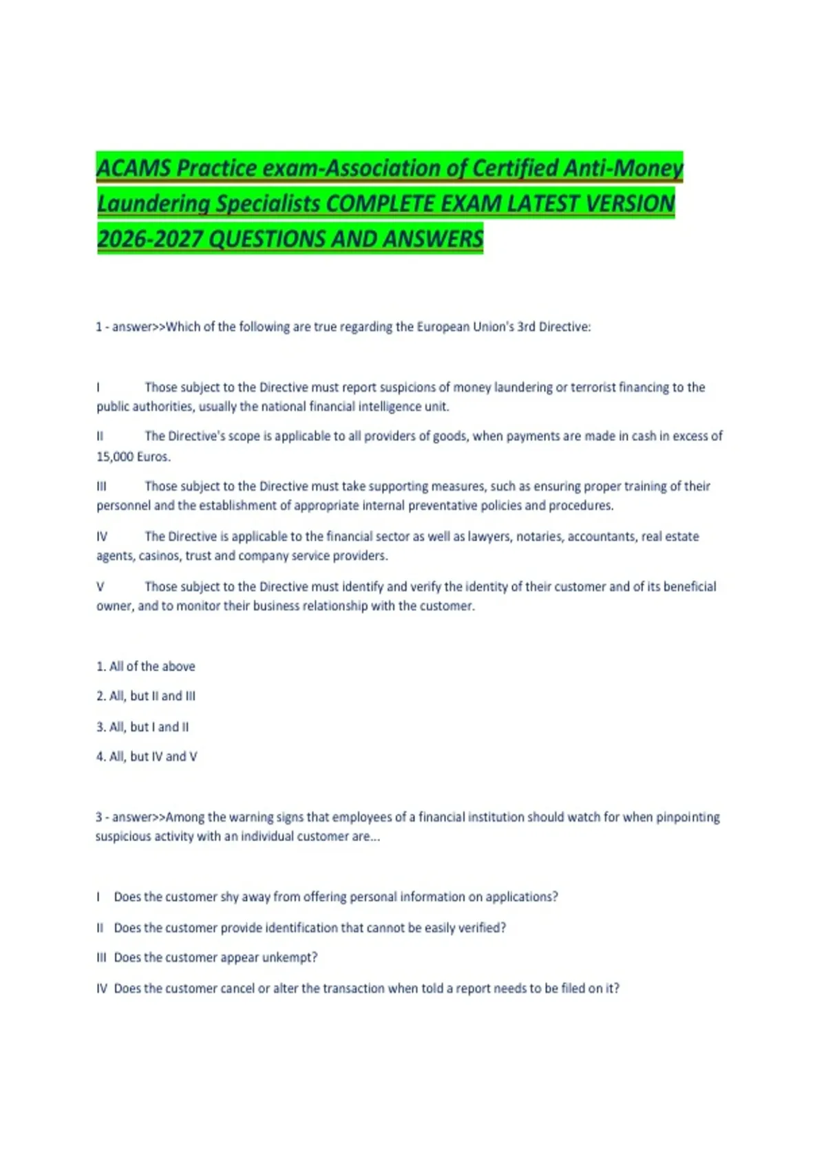 ACAMS Practice exam-Association of Certified Anti-Money Laundering ...