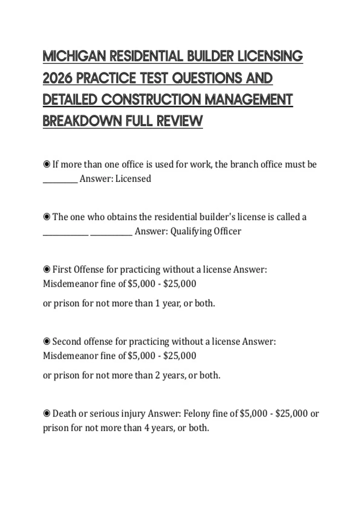 MICHIGAN RESIDENTIAL BUILDER LICENSING 2026 PRACTICE TEST QUESTIONS AND DETAILED CONSTRUCTION ...