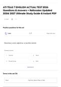 ATI TEAS 7 ENGLISH ACTUAL TEST 2026 Questions & Answers &plus; Rationales Updated 2026&vert; 2027 Ultimate Study Guide & Instant PDF