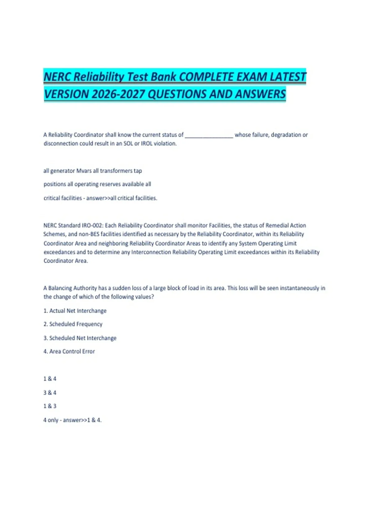 Reliability Exam Question NERC Reliability Test Bank COMPLETE EXAM LATEST VERSION QUESTIONS AND ...
