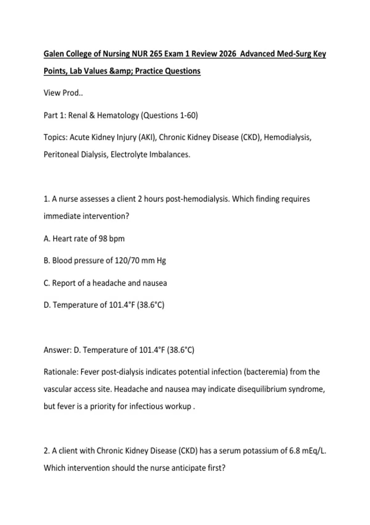 Galen College of Nursing NUR 265 Exam 1 Review 2026 Advanced Med-Surg ...