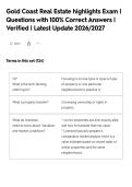 Gold Coast Real Estate highlights Exam &vert;&NewLine;Questions with 100&percnt; Correct Answers &vert;&NewLine;Verified &vert; Latest Update 2026&sol;2027