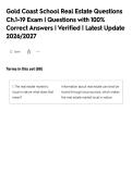 Gold Coast School Real Estate Questions&NewLine;Ch&period;1-19 Exam &vert; Questions with 100&percnt;&NewLine;Correct Answers &vert; Verified &vert; Latest Update&NewLine;2026&sol;2027&NewLine;