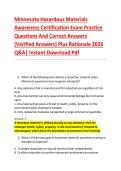 Minnesota Hazardous Materials &NewLine;Awareness Certification Exam Practice &NewLine;Questions And Correct Answers &NewLine;&lpar;Verified Answers&rpar; Plus Rationale 2026 &NewLine;Q&A&vert; Instant Download Pdf  