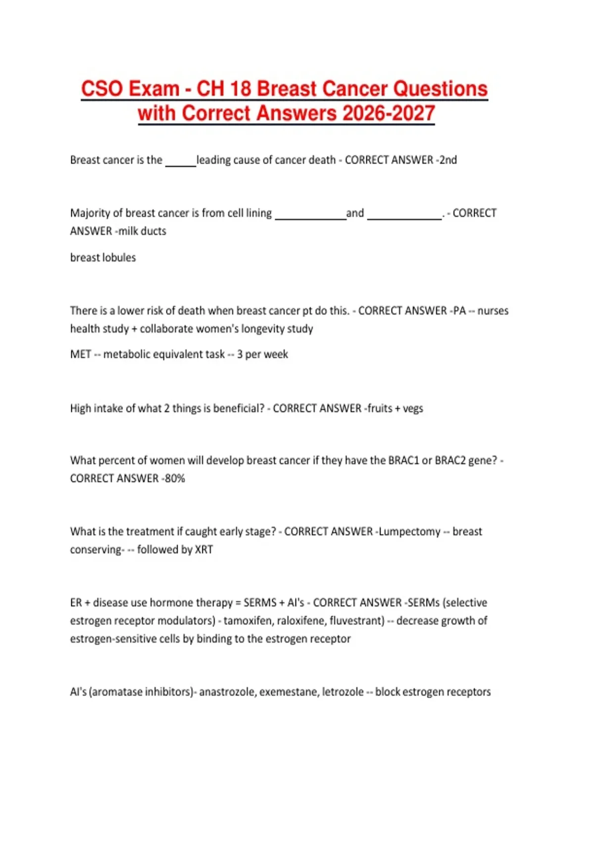 CSO Exam - CH 18 Breast Cancer Questions with Correct Answers - CSO ...