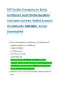 DOT HazMat Transportation Safety &NewLine;Certification Exam Practice Questions &NewLine;And Correct Answers &lpar;Verified Answers&rpar; &NewLine;Plus Rationales 2026 Q&A &vert; Instant &NewLine;Download Pdf 