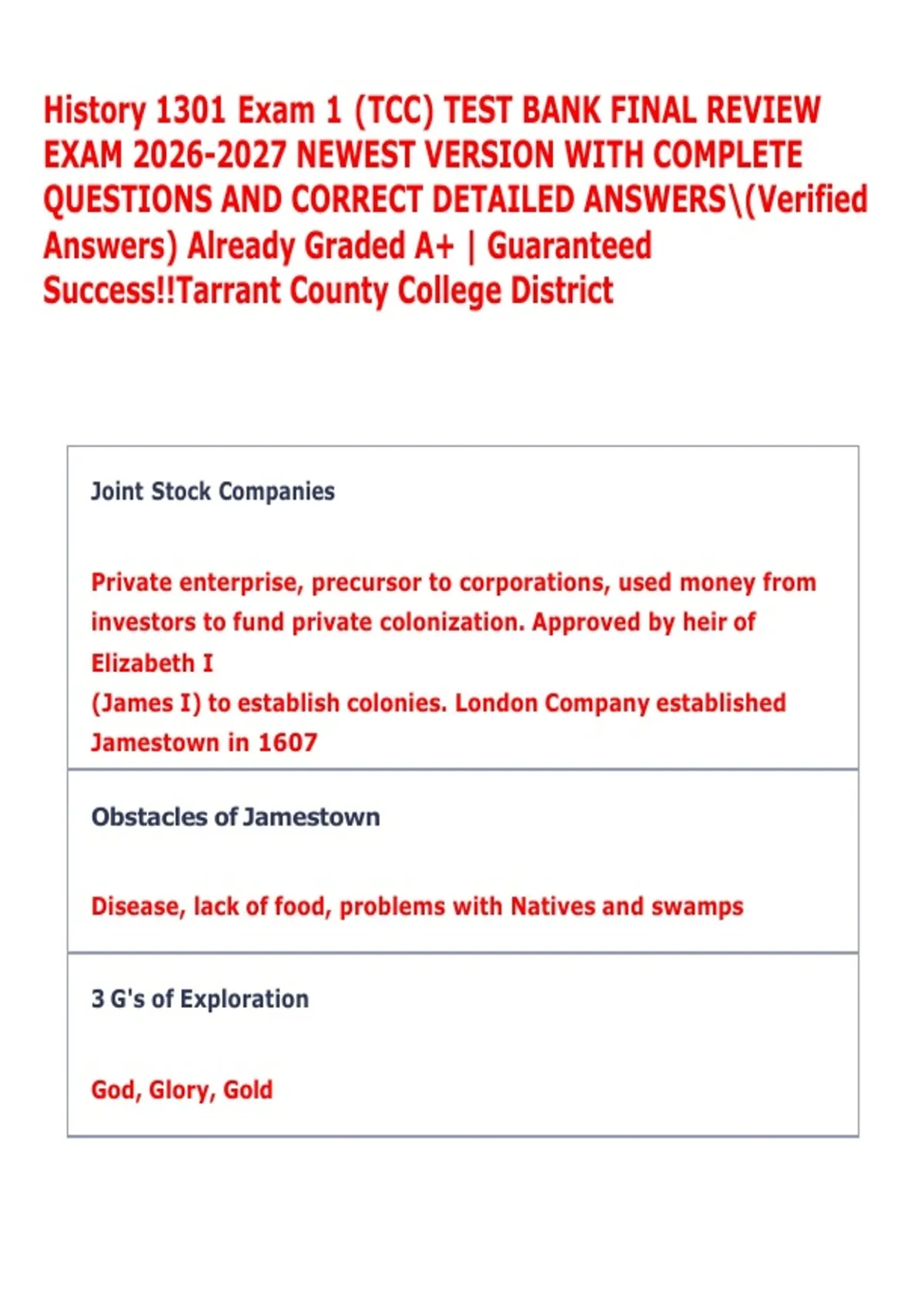 History 1301 Exam 1 (TCC) TEST BANK FINAL REVIEW EXAM NEWEST VERSION ...