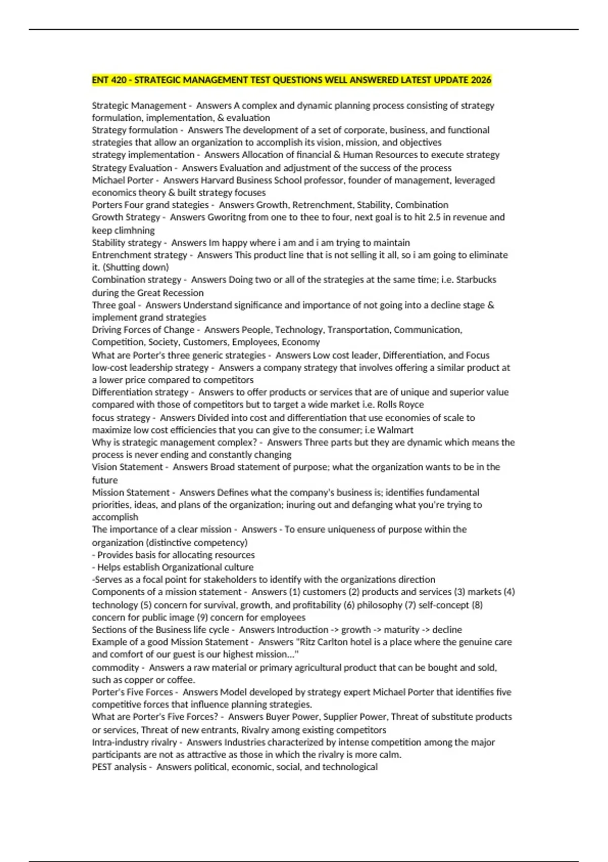 ENT 420 - STRATEGIC MANAGEMENT TEST QUESTIONS WELL ANSWERED LATEST ...