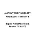 Anatomy & Physiology Semester 1 Final Exam Prep 2026&sol;2027 &vert; Practice Questions  with  Verified Answers 