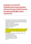 Washington First Aid & CPR &NewLine;Certification Exam Practice Questions &NewLine;And Correct Answers &lpar;Verified Answers&rpar; &NewLine;Plus Rationale 2026 Q&A&vert; Instant &NewLine;Download Pdf 