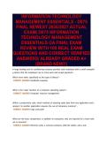 INFORMATION TECHNOLOGY&NewLine;MANAGEMENT ESSENTIALS - D075&NewLine;FINAL NEWEST 2026&sol;2027 ACTUAL&NewLine;EXAM&vert; D075 INFORMATION&NewLine;TECHNOLOGY MANAGEMENT&NewLine;ESSENTIALS OA FINAL EXAM&NewLine;REVIEW WITH 100 REAL EXAM&NewLine;QUESTIONS AND CORRECT VERIFIED&NewLine;ANSWERS&sol; ALREADY GRADED A&plus;&NewLine;&lpar;BRAND NEW