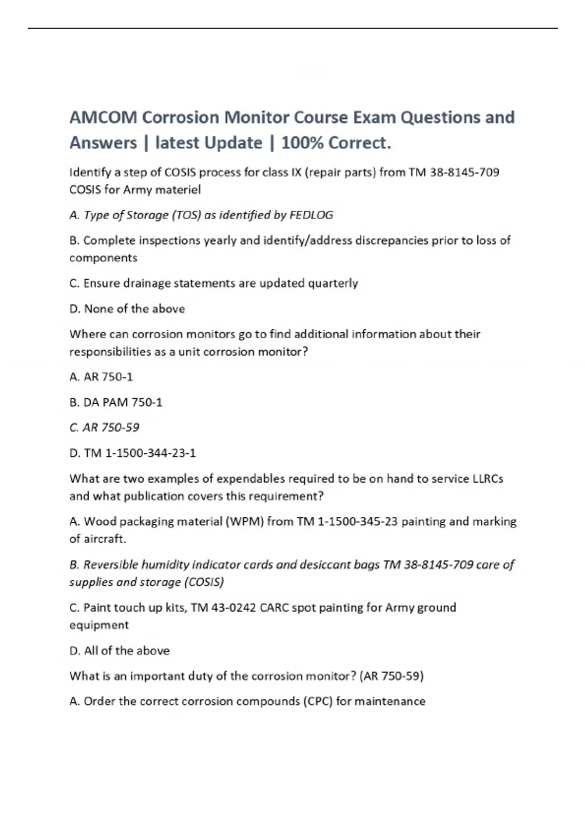 AMCOM Corrosion Monitor Course Exam Questions and Answers | latest ...
