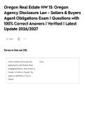 Oregon Real Estate HW 15&colon; Oregon&NewLine;Agency Disclosure Law - Sellers & Buyers&NewLine;Agent Obligations Exam &vert; Questions with&NewLine;100&percnt; Correct Answers &vert; Verified &vert; Latest&NewLine;Update 2026&sol;2027