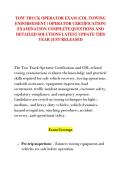 TOW TRUCK OPERATOR EXAM &lpar;CDL TOWING &NewLine;ENDORSEMENT &sol; OPERATOR CERTIFICATION&rpar; &NewLine;EXAMINATION COMPLETE QUESTIONS AND &NewLine;DETAILED SOLUTIONS LATEST UPDATE THIS &NewLine;YEAR JUST RELEASED