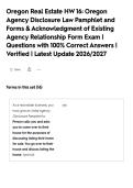Oregon Real Estate HW 16&colon; Oregon&NewLine;Agency Disclosure Law Pamphlet and&NewLine;Forms & Acknowledgment of Existing&NewLine;Agency Relationship Form Exam &vert;&NewLine;Questions with 100&percnt; Correct Answers &vert;&NewLine;Verified &vert; Latest Update 2026&sol;2027