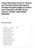 Oregon Real Estate Lecture 13 &colon; Common&NewLine;Law&colon; Principal's Duties to the Agent &&NewLine;Principal and Agent Liability on Contract&NewLine;Exam &vert; Questions with 100&percnt; Correct&NewLine;Answers &vert; Verified &vert; Latest Update&NewLine;2026&sol;2027