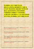 FLORIDA ALF CORE EXAM&colon; &NewLine;REGULATIONS&comma; RESIDENT CARE & &NewLine;STAFF TRAINING 2026&sol;2027 WITH 350 &NewLine;REAL QUESTIONS AND EXPERT&NewLine;VERIFIED CORRECT ANSWERS &vert; &NewLine;ALREADY GRADED A&plus; &vert; GUARANTEED &NewLine;SUCCESS &vert; FLORIDA ALF CORE EXAM 