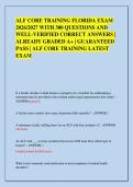 ALF CORE TRAINING FLORIDA EXAM &NewLine;2026&sol;2027 WITH 300 QUESTIONS AND &NewLine;WELL-VERIFIED CORRECT ANSWERS &vert; &NewLine;ALREADY GRADED A&plus; &vert; GUARANTEED &NewLine;PASS &vert; ALF CORE TRAINING LATEST &NewLine;EXAM