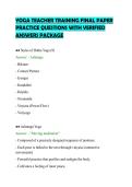 YOGA TEACHER TRAINING FINAL PAPER&NewLine;PRACTICE QUESTIONS WITH VERIFIED&NewLine;ANSWERS PACKAGE&NewLine;