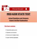 MEDICATION AIDE STATE TEST EXAM QUESTIONS AND ANSWERS&comma; 2025&ndash;2026 VERIFIED CERTIFICATION PRACTICE EXAM WITH PHARMACOLOGY&comma; MEDICATION ADMINISTRATION&comma; AND PATIENT CARE REVIEW A&plus; VERIFIED LATEST VERSION