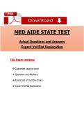 MEDICATION AIDE STATE TEST EXAM QUESTIONS AND ANSWERS&comma; 2025&ndash;2026 VERIFIED CERTIFICATION PRACTICE EXAM WITH PHARMACOLOGY&comma; MEDICATION ADMINISTRATION&comma; AND PATIENT CARE REVIEW A&plus; VERIFIED LATEST VERSION