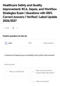 Healthcare Safety and Quality&NewLine;Improvement&colon; RCA&comma; Sepsis&comma; and Workflow&NewLine;Strategies Exam &vert; Questions with 100&percnt;&NewLine;Correct Answers &vert; Verified &vert; Latest Update&NewLine;2026&sol;2027