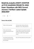 Relativity Analytics EIGHT&colon; MONITOR&NewLine;ACTIVE LEARNING PROJECTS&colon; HIGH&NewLine;Exam &vert; Questions with 100&percnt; Correct&NewLine;Answers &vert; Verified &vert; Latest Update&NewLine;2026&sol;2027