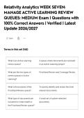 Relativity Analytics WEEK SEVEN&colon;&NewLine;MANAGE ACTIVE LEARNING REVIEW&NewLine;QUEUES&colon; MEDIUM Exam &vert; Questions with&NewLine;100&percnt; Correct Answers &vert; Verified &vert; Latest&NewLine;Update 2026&sol;2027