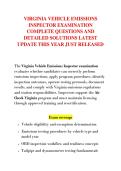 VIRGINIA VEHICLE EMISSIONS &NewLine;INSPECTOR EXAMINATION &NewLine;COMPLETE QUESTIONS AND &NewLine;DETAILED SOLUTIONS LATEST &NewLine;UPDATE THIS YEAR JUST RELEASED