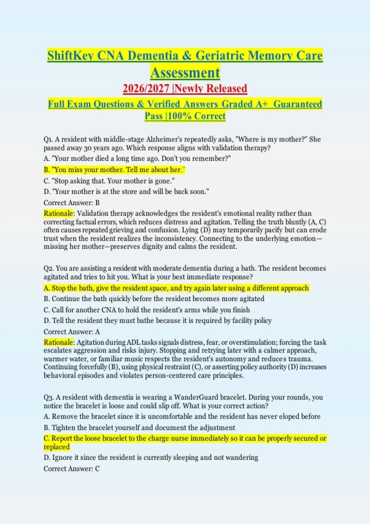 ShiftKey CNA Dementia &amp; Geriatric Memory Care Assessment 2026/2027 | Newly Released | Actual ...