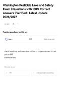 Washington Pesticide Laws and Safety&NewLine;Exam &vert; Questions with 100&percnt; Correct&NewLine;Answers &vert; Verified &vert; Latest Update&NewLine;2026&sol;2027