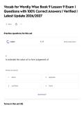 Vocab for Wordly Wise Book 9 Lesson 9 Exam &vert;&NewLine;Questions with 100&percnt; Correct Answers &vert; Verified &vert;&NewLine;Latest Update 2026&sol;2027