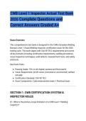 CWB Level 1 Inspector Actual Test Bank&NewLine;2026 Complete Questions and&NewLine;Correct Answers Graded A&plus;&NewLine;Exam Overview&NewLine;This comprehensive test bank is designed for the CWB &lpar;Canadian Welding&NewLine;Bureau&rpar; Level 1 Visual Welding Inspector certification exam for the 2026