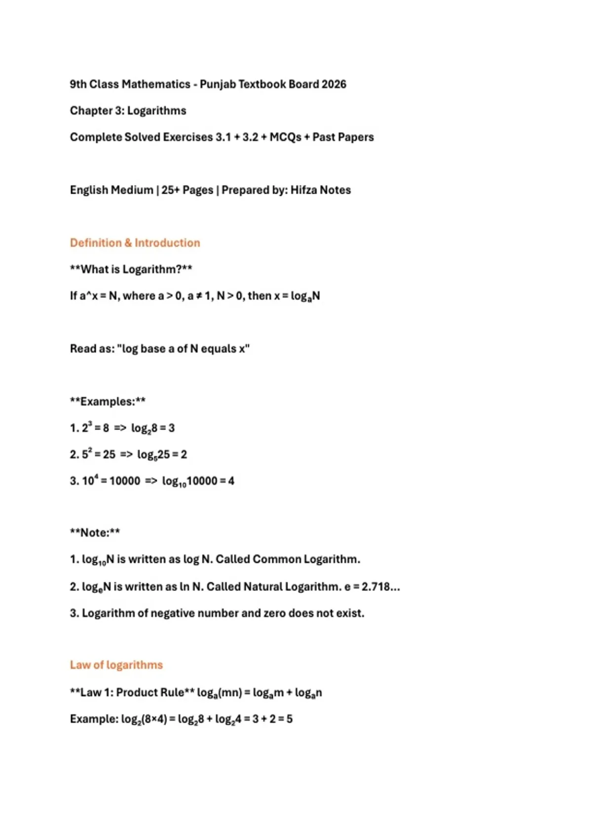 1. 9th Class Mathematics Logarithms Notes PDF - Exercise Solved + MCQs ...