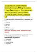 Tennessee Precision Machining &NewLine;Certification Exam&colon; Milling Operations &NewLine;II Exam Questions And Correct Answers &NewLine;&lpar;Verified Answers&rpar; Plus Rationales &NewLine;2025&sol;2026 Q&A &vert; Instant Download &NewLine;Pdf 