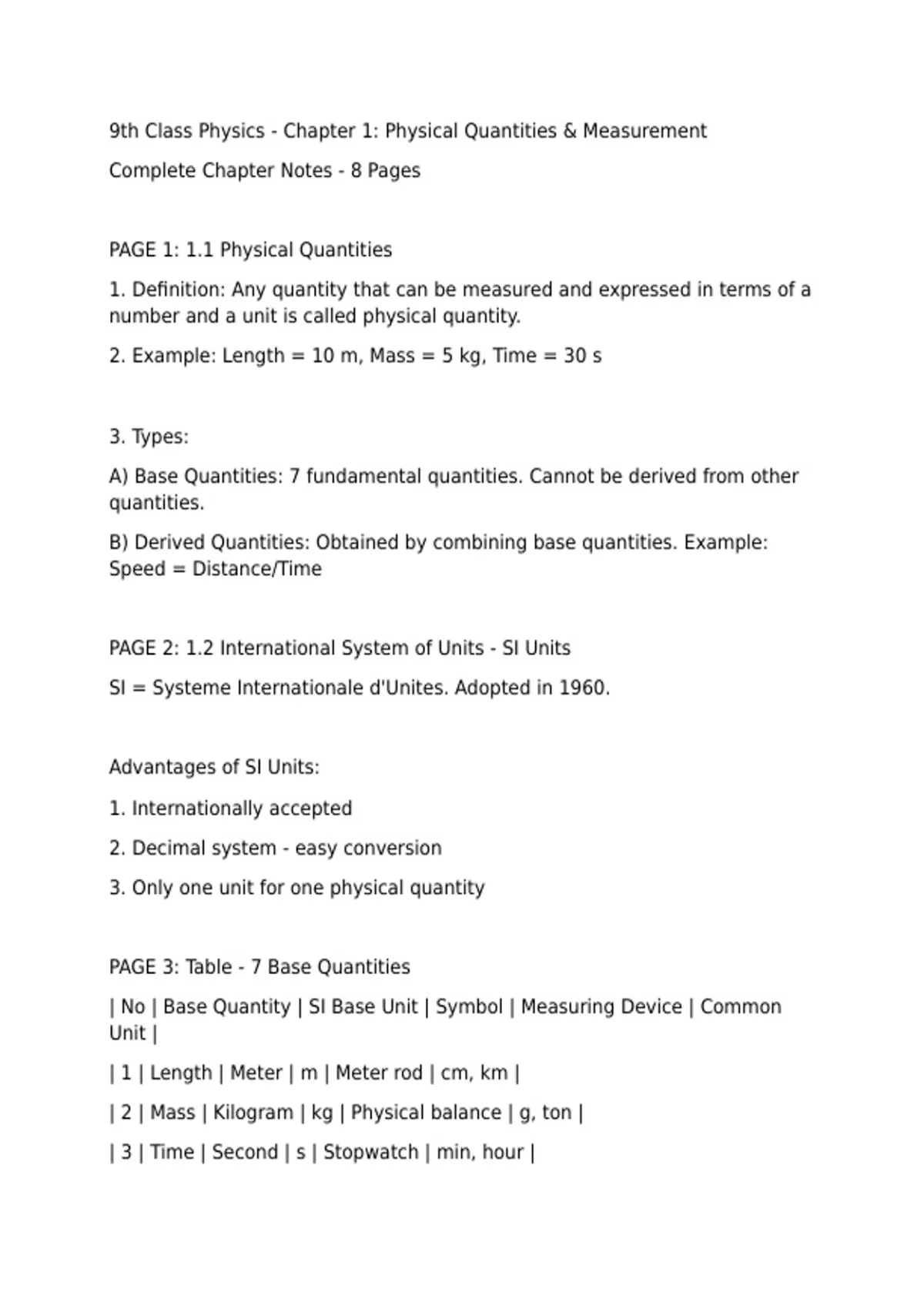 9th Class Physics Chapter 1 Notes - Physical Quantities & Measurement ...
