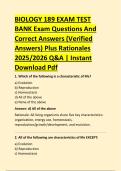 BIOLOGY 189 EXAM TEST &NewLine;BANK Exam Questions And &NewLine;Correct Answers &lpar;Verified &NewLine;Answers&rpar; Plus Rationales &NewLine;2025&sol;2026 Q&A &vert; Instant &NewLine;Download Pdf