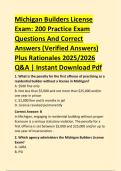 Michigan Builders License &NewLine;Exam&colon; 200 Practice Exam &NewLine;Questions And Correct &NewLine;Answers &lpar;Verified Answers&rpar; &NewLine;Plus Rationales 2025&sol;2026 &NewLine;Q&A &vert; Instant Download Pdf 