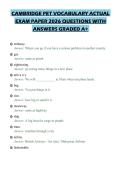 CAMBRIDGE PET VOCABULARY ACTUAL&NewLine;EXAM PAPER 2026 QUESTIONS WITH&NewLine;ANSWERS GRADED A&plus;