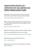 HUMAN NUTRITION UPDATED TEST 3&NewLine;CERTIFICATION TEST 2026 QUESTIONS AND&NewLine;VERIFIED ANSWERS ALREADY PASSED