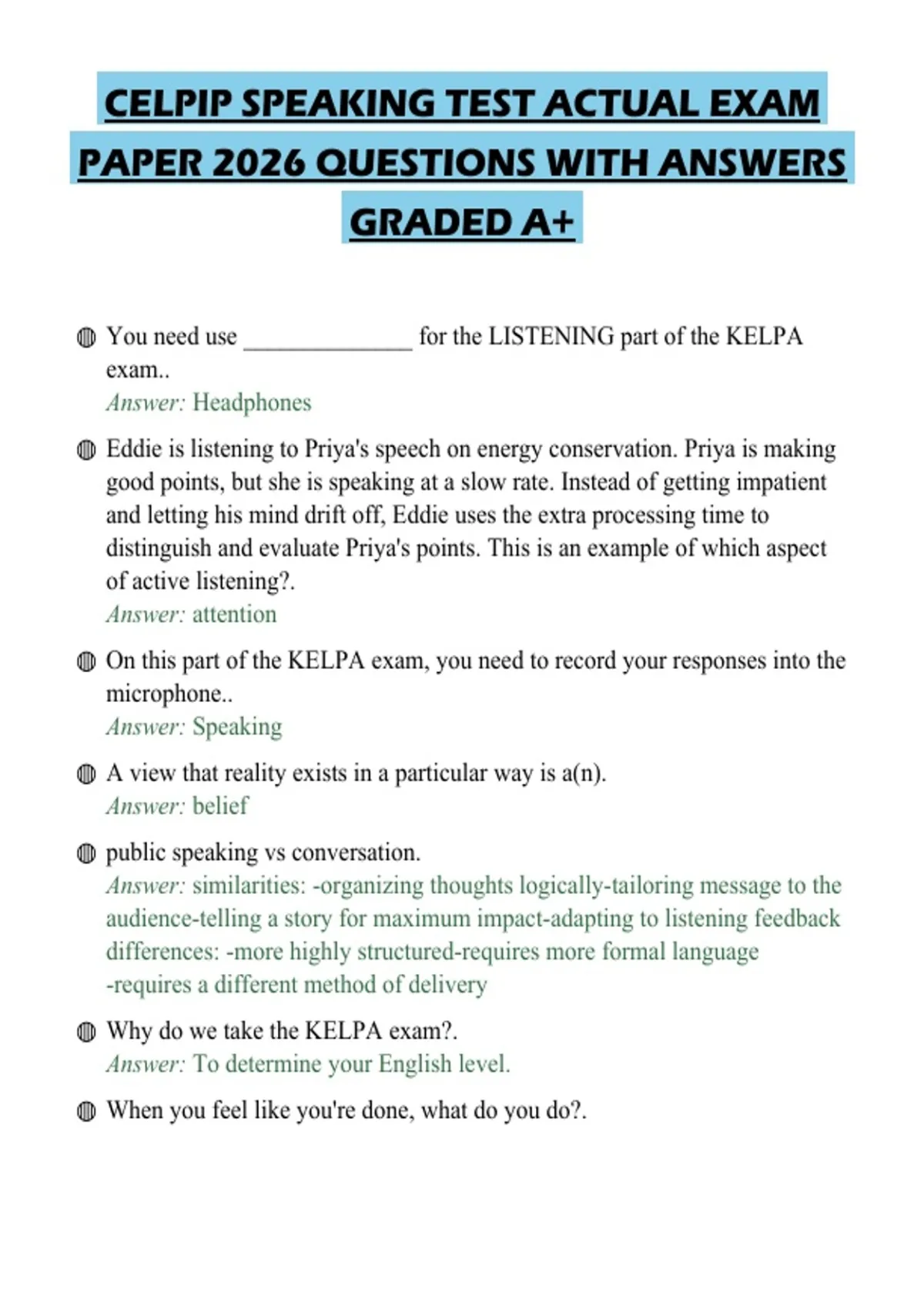 CELPIP SPEAKING TEST ACTUAL EXAM PAPER 2026 QUESTIONS WITH ANSWERS ...
