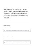 AQA COMBINED SCIENCE HIGHER TRILOGY PHYSICS PAPER 1 WITH COMPLETE QUESTIONS AND ANSWERS & VERIFIED SOLUTIONS&NewLine;&NewLine;