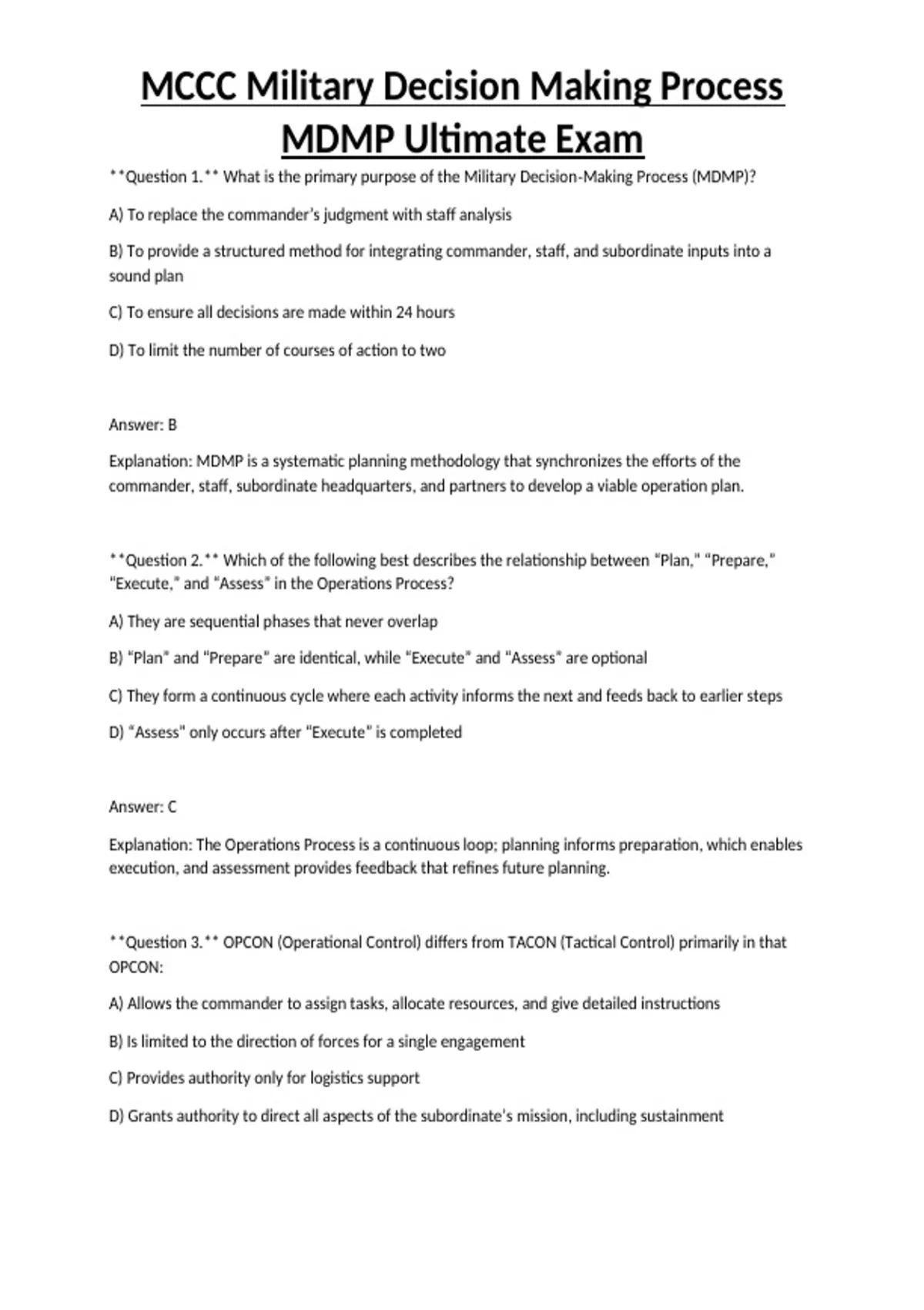 MCCC Military Decision Making Process MDMP Ultimate Exam - Computers ...