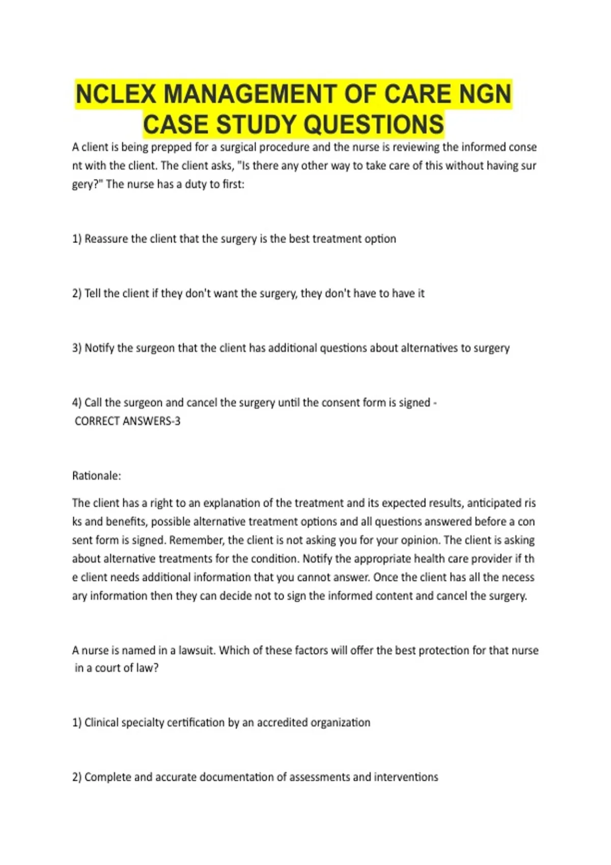 NCLEX MANAGEMENT OF CARE NGN CASE STUDY QUESTIONS - NCLEX RN - Stuvia US