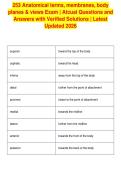 253 Anatomical terms&comma; membranes&comma; body&NewLine;planes & views Exam &vert; Atcual Questions and&NewLine;Answers with Verified Solutions &vert; Latest&NewLine;Updated 2026&NewLine;