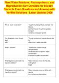 Plant Water Relations&comma; Photosynthesis&comma; and&NewLine;Reproduction&colon; Key Concepts for Biology&NewLine;Students Exam Questions and Answers with&NewLine;Verified Solutions &vert; Latest Updated 2026